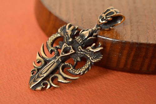 Handmade unisex cast bronze pendant in the shape of dragon sword unisex - MADEheart.com