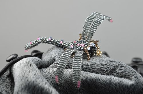 Handmade volume gray beaded brooch dragonfly  - MADEheart.com