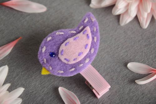Lilac hairpin made of rep ribbon and fleece handmade baby barrette Bird - MADEheart.com