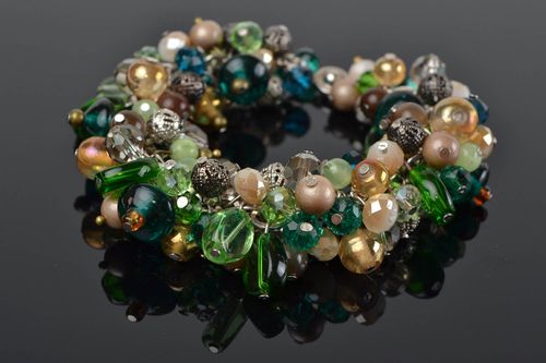 Handmade wrist bracelet with nephrite and cats eye stone beads in green shades - MADEheart.com