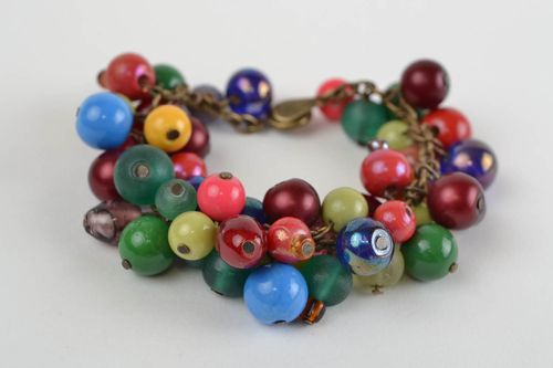 Handmade metal chain wrist bracelet with colorful glass and jadeite beads - MADEheart.com