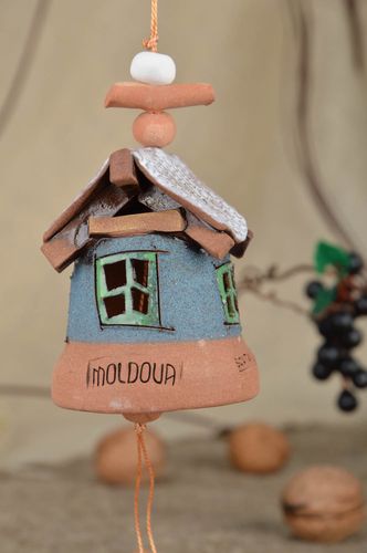 Ceramic handmade bell in the form of house multicolored glaze wall pendant - MADEheart.com