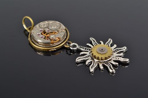 Handmade metal pendant with clock mechanism in steampunk style Sun and Time - MADEheart.com