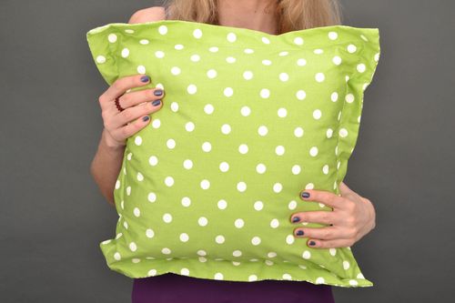 Handmade accent pillow of olive color with dotted print - MADEheart.com