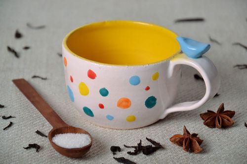8 oz drinking ceramic glazed cup with handle and dotted multicolor pattern - MADEheart.com