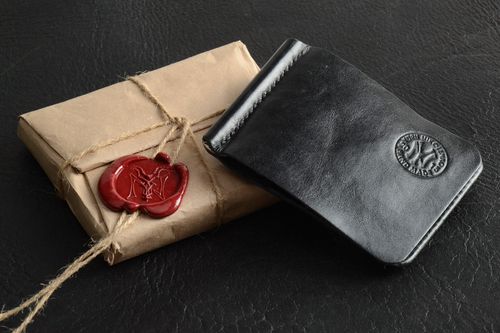 Handmade black leather money clip card holder with embossing and metal fittings - MADEheart.com