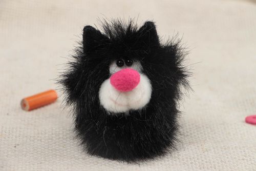 Handmade small faux fur soft toy animal finger puppet black cat with pink nose - MADEheart.com