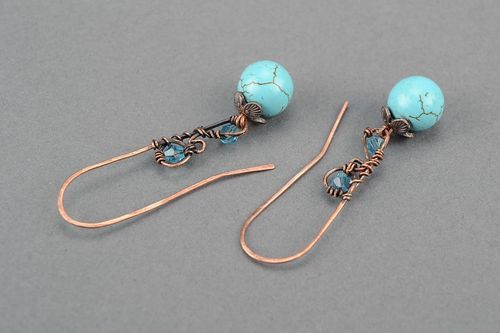 Copper earrings with turquoise, wire wrap - MADEheart.com