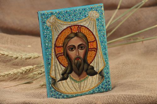 Handmade orthodox icon painted with gouache on wooden basis Christ of Edessa  - MADEheart.com