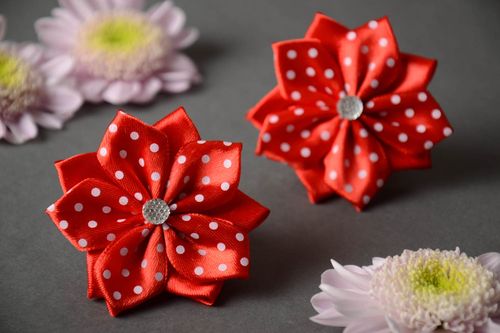 Set of 2 homemade festive hair ties with bright red satin ribbon kanzashi flower - MADEheart.com