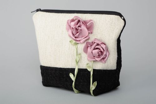 Handmade fabric cosmetic bag embroidered with ribbons Roses - MADEheart.com
