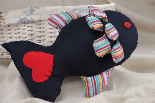 Handmade designer soft toy fish sewn of cotton with applique work and buttons - MADEheart.com