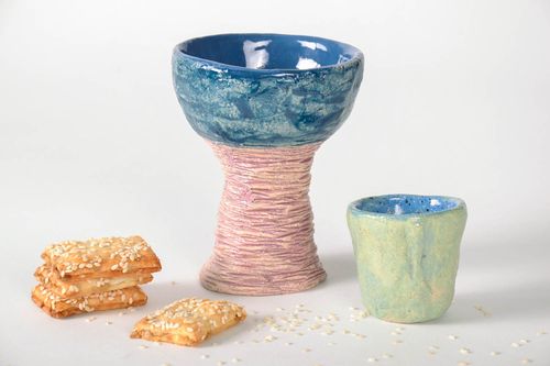 Art clay glazed pink stand and clue cup wine goblet  - MADEheart.com