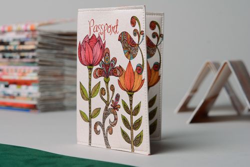 Homemade leather passport cover with print Flowers - MADEheart.com