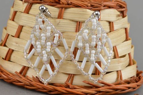 Beautiful white handmade beaded earrings woven earrings with beads gift ideas  - MADEheart.com