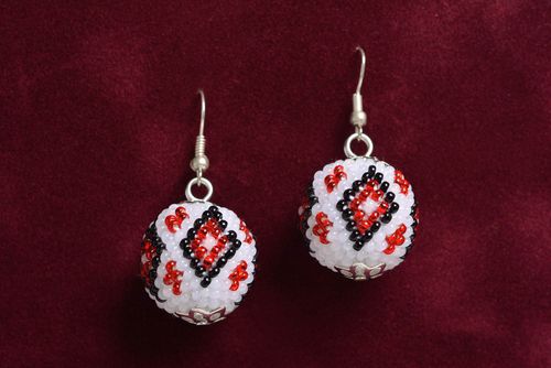 Beautiful handmade white beaded ball earrings with ornament in ethnic style - MADEheart.com