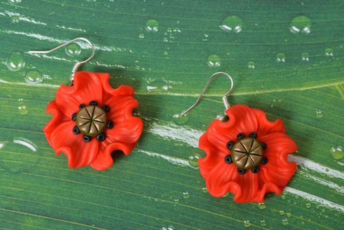 Handmade polymer clay earrings Red Poppies stylish summer long accessory - MADEheart.com