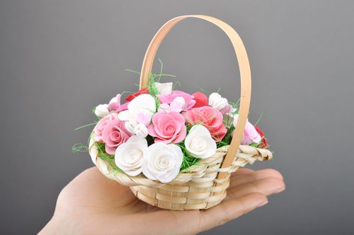 Woven basket with handmade polymer clay flowers for home decor - MADEheart.com