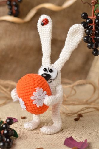 Handmade designer crocheted soft toy funny white rabbit with orange painted egg - MADEheart.com