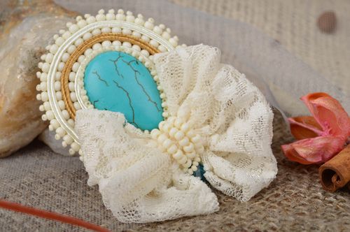 Beautiful handmade elegant soutache brooch adorned with beads and lace - MADEheart.com