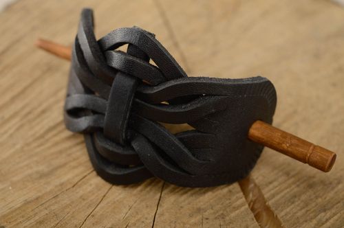 Black leather hairpin with wooden stick - MADEheart.com