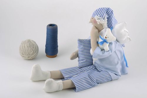 Handmade linen fabric soft toy angel in blue pajama with pillow and toy bear  - MADEheart.com
