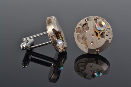 Handmade designer metal cufflinks with clock mechanism in steampunk style - MADEheart.com