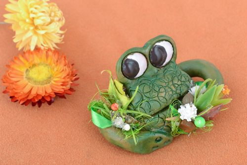Small handmade ceramic figurine in the shape of green frog for interior decor - MADEheart.com