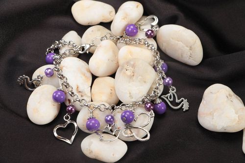 Festive handmade bracelet accessory made of ceramic pearls violet jewelry - MADEheart.com