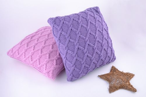 Set of handmade dark and light violet semi-woolen knitted pillow cases 2 items - MADEheart.com