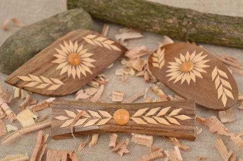 Handmade hair jewel clips walnut wood hair clips set 3 pieces with pattern - MADEheart.com