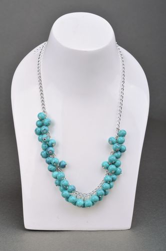 Handmade blue bead necklace with long metal chain - MADEheart.com