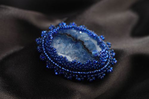 Womens blue handmade brooch with Czech beads and natural agate stone - MADEheart.com