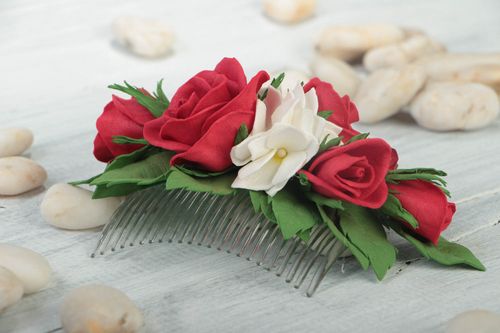 Handmade unusual hair comb stylish accessories for hair red and white jewelry - MADEheart.com