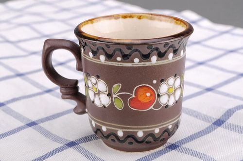 Clay lead-free glazed hand-painted teacup in brown, white, and red color with handle - MADEheart.com