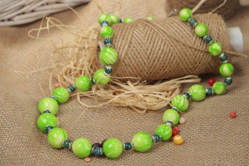 Handmade summer-like bright long polymer clay bead necklace of green color  - MADEheart.com