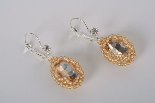 Beautiful festive handmade beaded earrings with glass cabochon for women - MADEheart.com