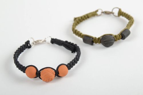 Set of 2 handmade braided cord bracelets with ceramic beads designer jewelry - MADEheart.com