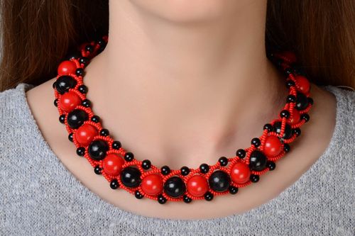 Stylish large handmade designer beaded necklace of red and black colors - MADEheart.com