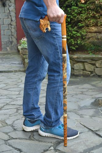Handmade stylish wooden walking stick with art carving and tiger head handle  - MADEheart.com