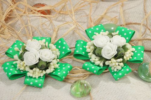 A set of 2 identical unique handmade green bobby pins made of green strips  - MADEheart.com