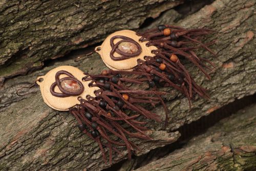 Handmade long brown and beige leather dangle earrings with natural jasper stone - MADEheart.com
