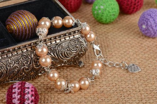 Beige ceramic pearls bracelet on a chain delicate handmade evening accessory - MADEheart.com