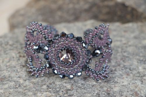 Handmade festive beaded wrist bracelet with crystals and crystal glass for women - MADEheart.com