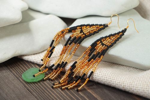 Beaded long earrings with charms beautiful handmade black with gold - MADEheart.com