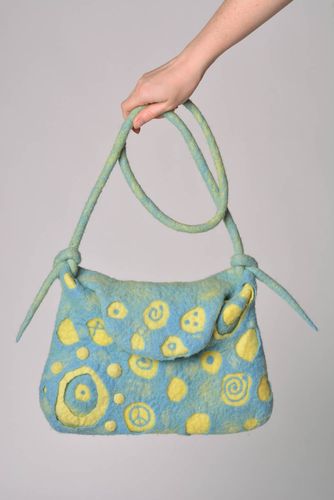 Designer handmade womens rectangular bag felted of wool blue and yellow - MADEheart.com