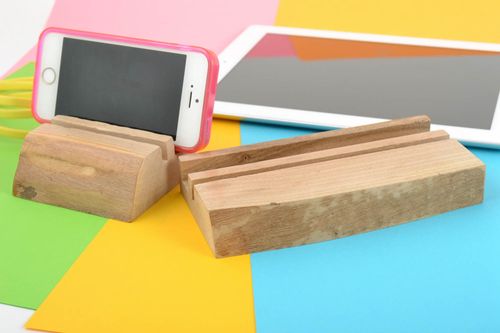 Stylish handmade set of stands for tablet and cell phone made of wood 2 pieces - MADEheart.com