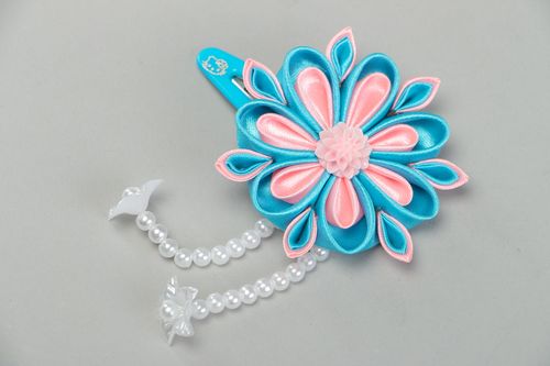 Tender handmade hair clip with pink and blue satin kanzashi flower with beads - MADEheart.com