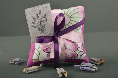 Tender handmade sachet pillows sewn of fabric with ribbons with mint Lilac  - MADEheart.com