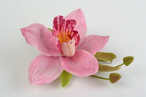 Beautiful hairpin brooch made of cold porcelain handmade pink orchid accessory - MADEheart.com